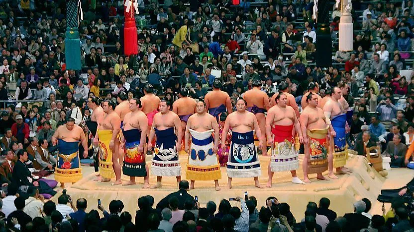 Former professional sumo wrestlers demonstrating kimarite techniques on a traditional dohyo ring in Japan