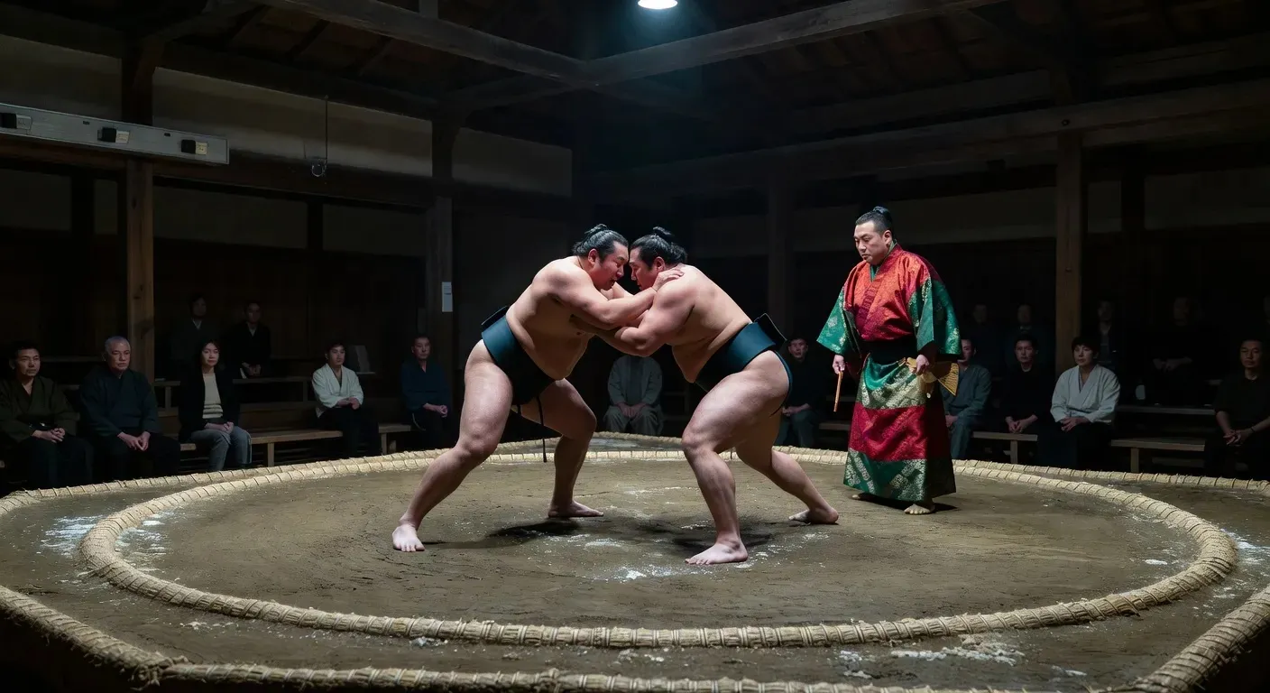 Former sumo wrestlers demonstrating ring techniques at a live sumo experience show in Osaka, Japan