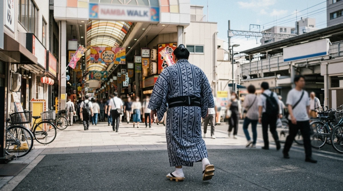 Namba Station exit and street signage, the main transit hub for reaching sumo shows in Osaka
