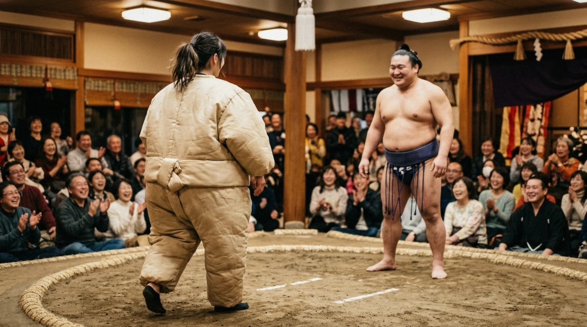 A visitor in a padded suit facing a smiling wrestler during the audience challenge at a sumo show in Osaka