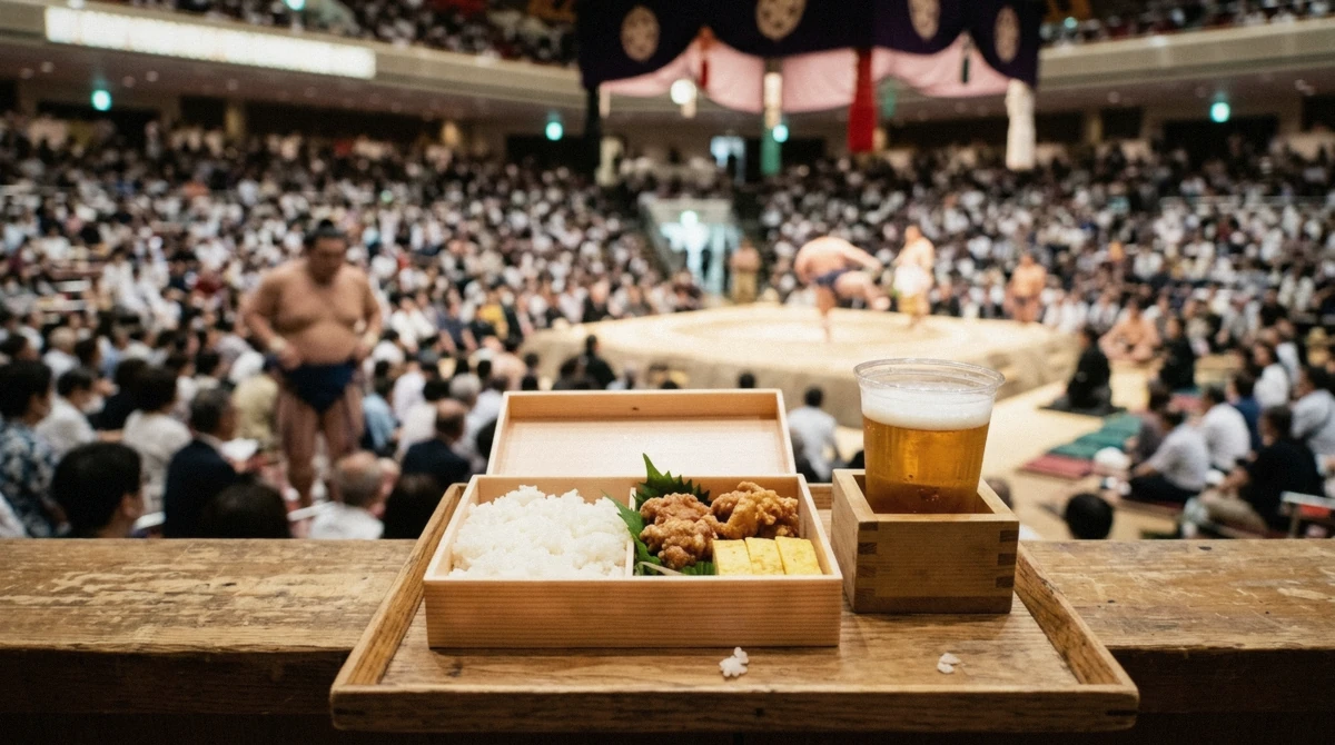 Bento box and drinks set out near a sumo ring in Osaka, illustrating what eating and drinking at sumo in Osaka looks like