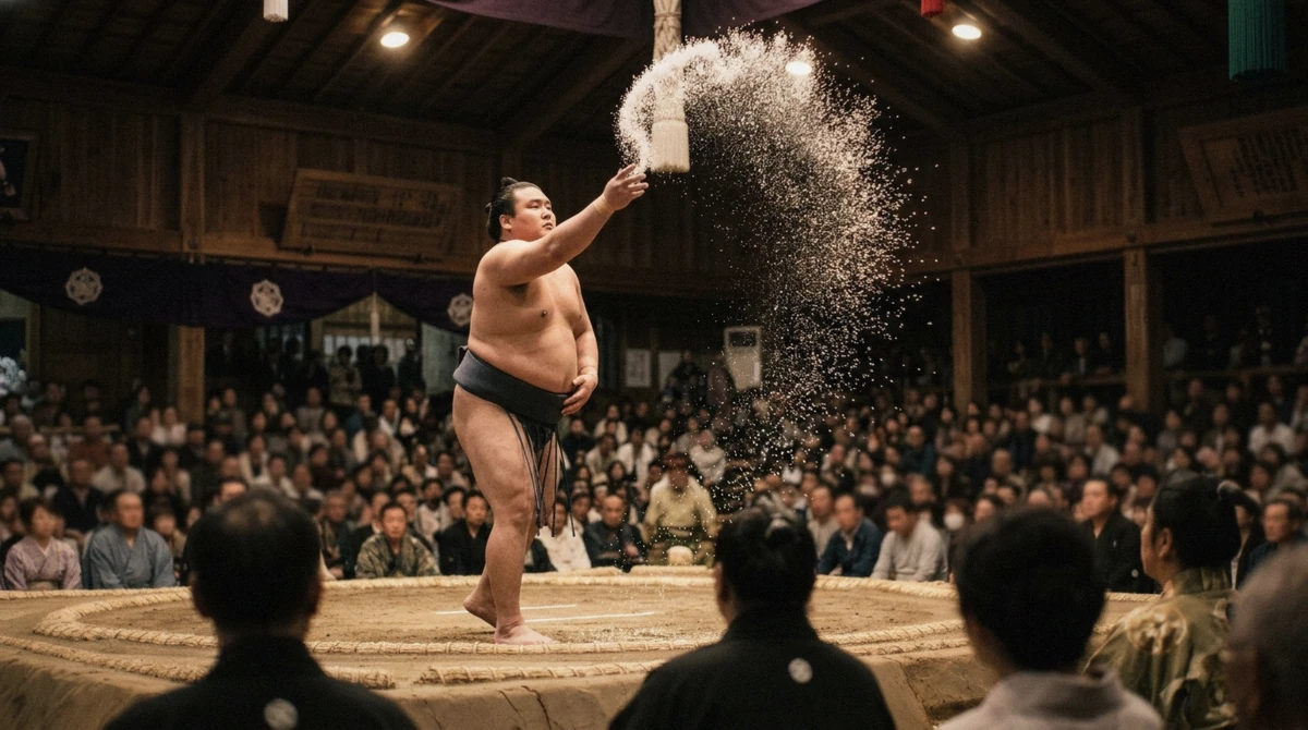 A first-time visitor watching from a ringside seat as a sumo wrestler prepares for a bout at a sumo show in Osaka