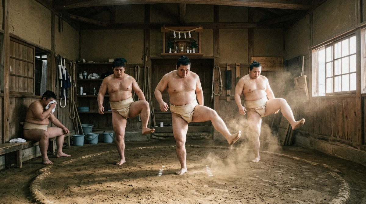 A small group of visitors sitting quietly on the floor of a sumo stable watching wrestlers during real morning practice in Osaka