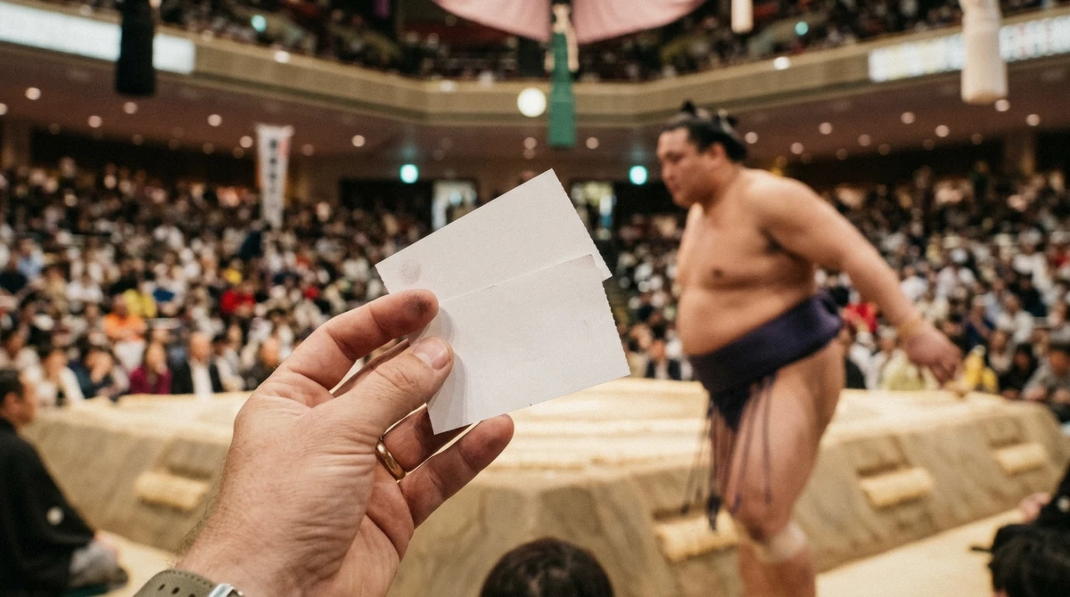 A ticket counter and seating chart for a sumo show in Osaka, showing price tiers for the live sumo experience