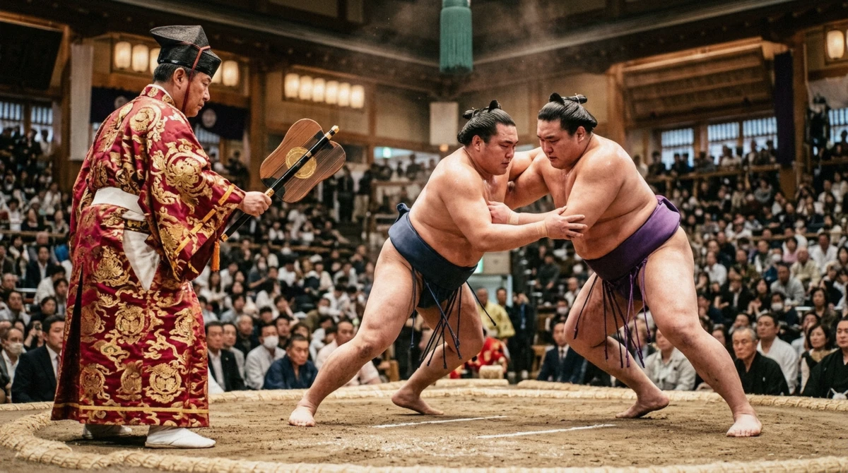 A gyoji referee in silk robes overseeing two wrestlers on the dohyo at a sumo performance in Osaka