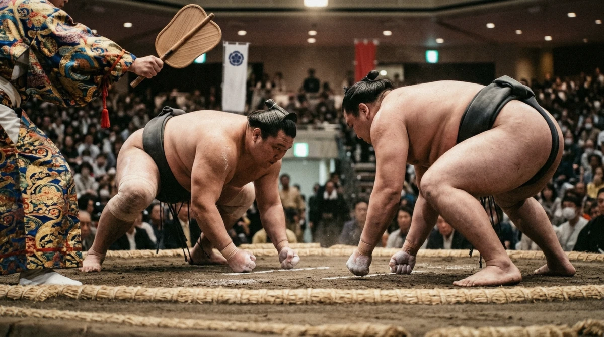 Two sumo wrestlers locked in a bout on the clay dohyo ring, demonstrating sumo wrestling rules in action