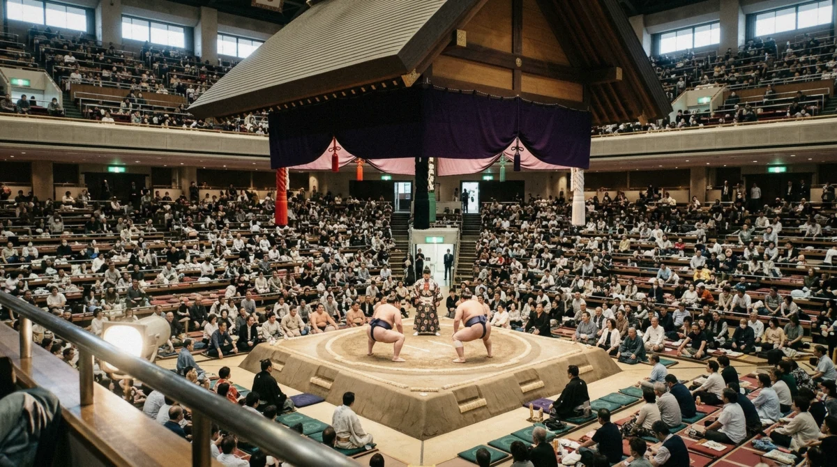 Spectators filling the arena at the Grand Sumo Tournament in Osaka, wrestlers preparing near the ring