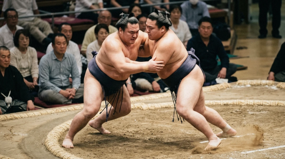 A former sumo wrestler mid-stomp on the dohyo during a sumo show in Osaka, audience seated close around the ring
